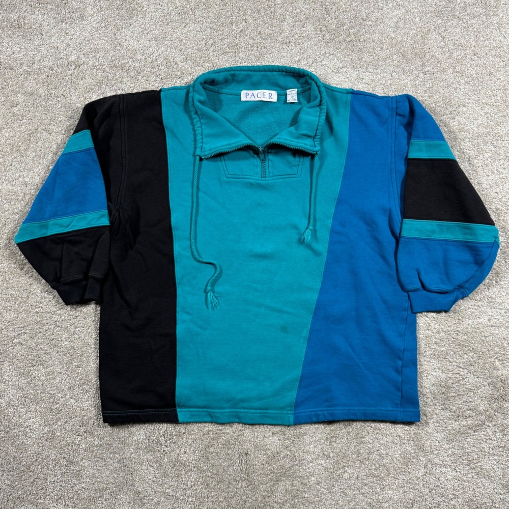 Vintage Pacer Colorblock Quarter Zip Sweatshirt Mens Small Blue Teal Black 90s